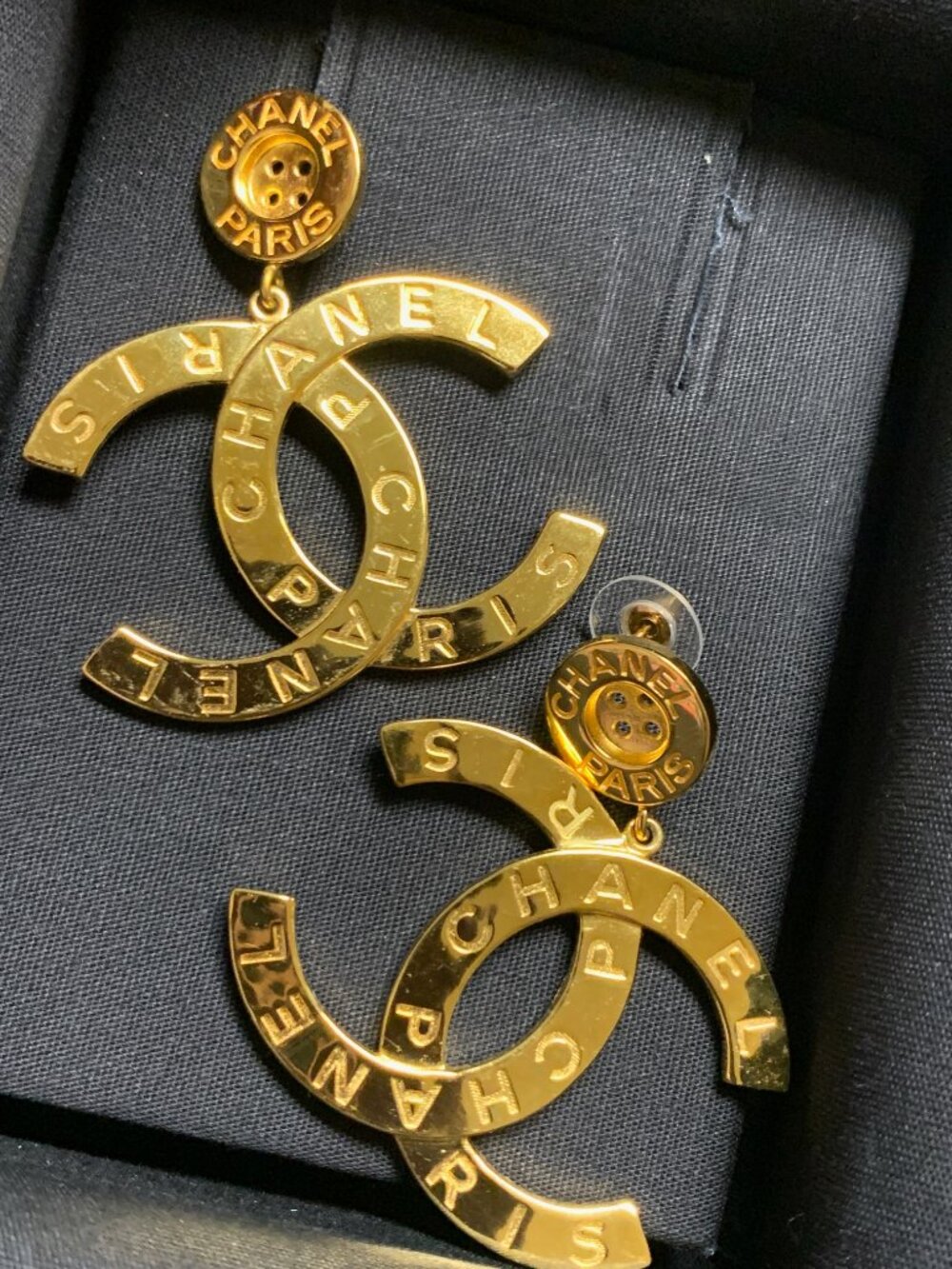 Chanel Metal Large Paris Button Earrings Gold